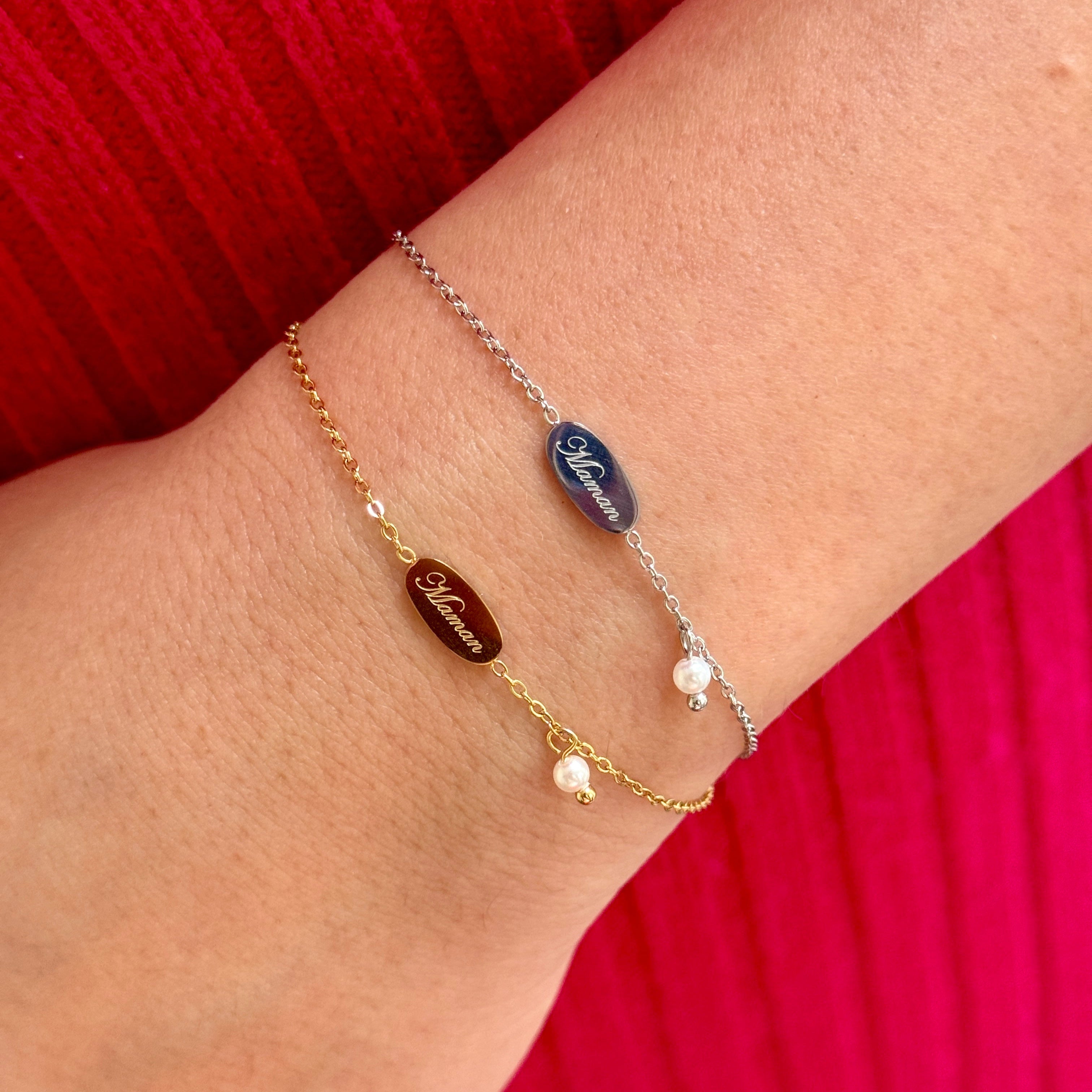Bracelet gravure "Maman" en perle